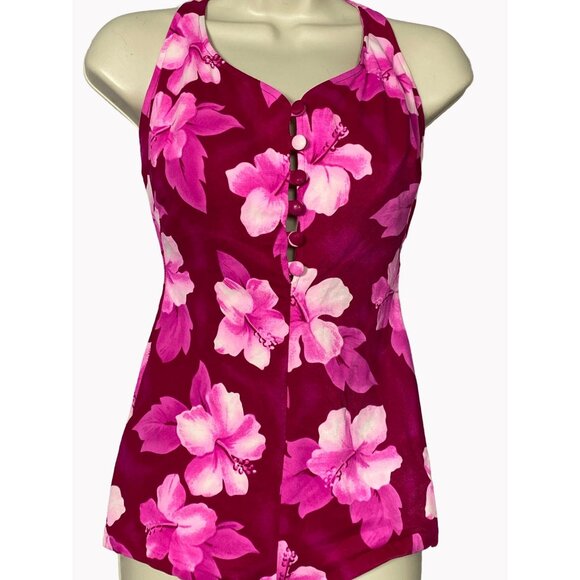 Maxine of Hollywood Juniors Size 14 Pink Hawaiian Hibiscus Floral Pinup Swimsuit - Picture 1 of 9